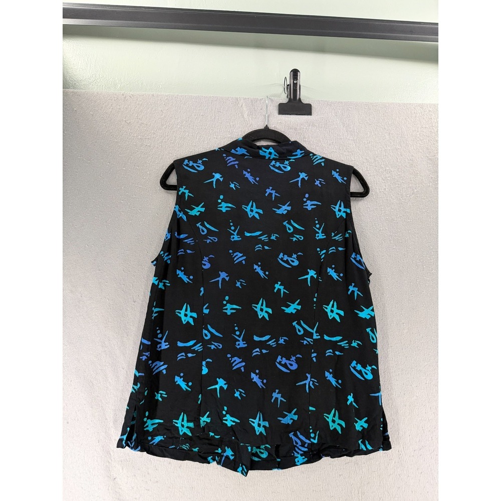 Maggie B. Tank Top Women M Black Blue Teal Asian Calligraphy Script Blouse Artsy - Picture 9 of 11
